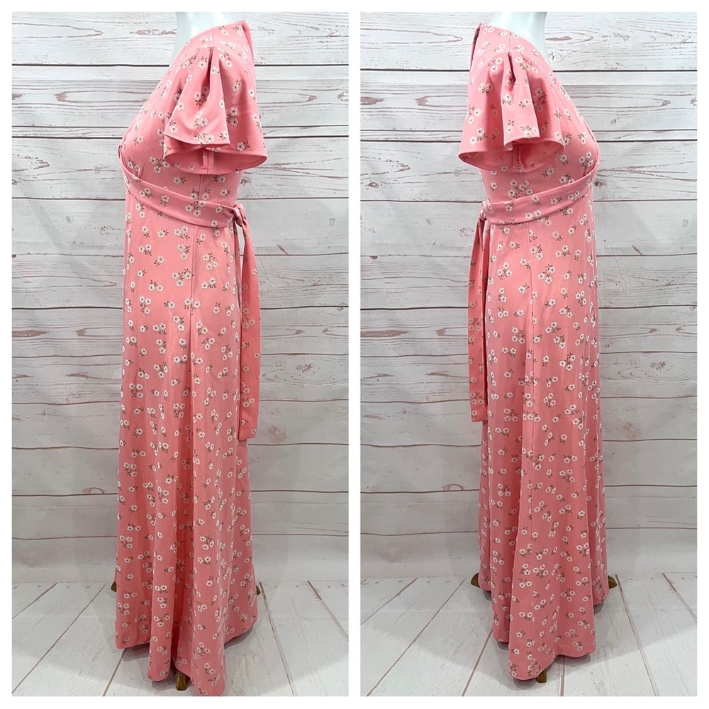 Vintage Coral Peach Ditzy Floral Daisy Cottagecore Flutter Sleeve Maxi Dress - Picture 3 of 11